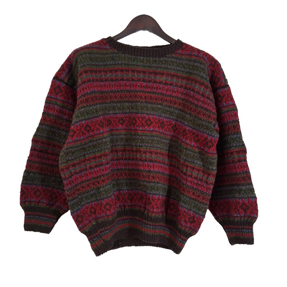 Chunky Handknit Wool Sweater Oversize Unisex Cabincore Warm Thick Cozy Red Green